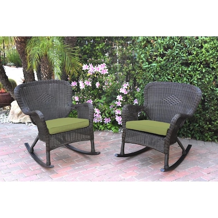 Jeco W00215-R-2-FS029 Windsor Espresso Resin Wicker Rocker Chair with Green Cushion, 2PK W00215-R_2-FS029